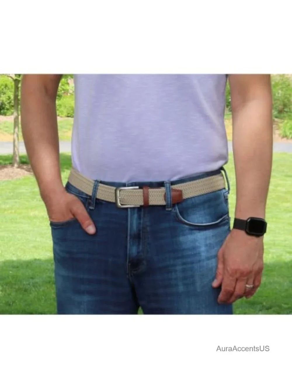 Men's Elastic Braided Stretch Belt with Silver Buckle